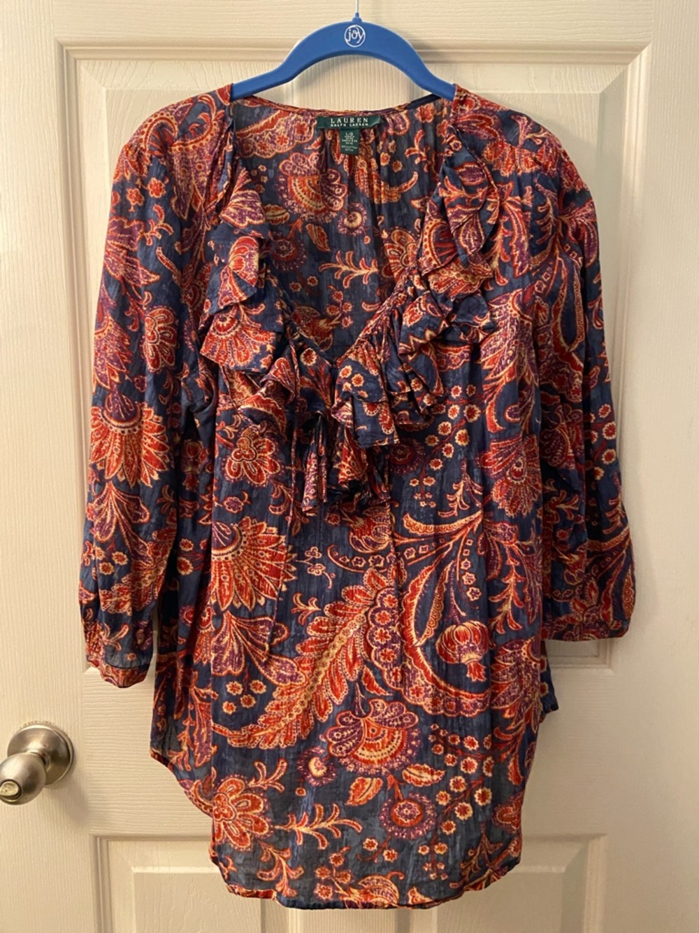 Lauren Ralph Lauren Navy and Red Paisley Ruffle V-Neck Blouse